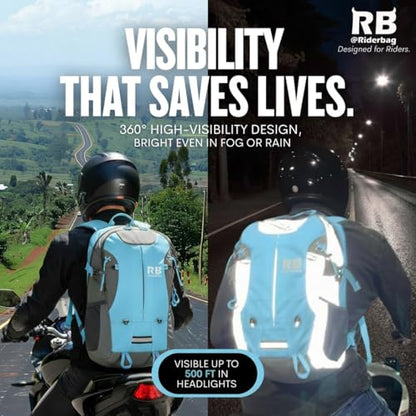 Reflective Motorcycle Backpack – Hi Viz EDC Commuter Bag for Riders, Night Travel, and Daily Use with Helmet Holder, Laptop Compartment, Ventilated Back, Urban Gear (light blue backpack) - color: Light Blue