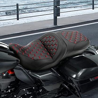 C.C. RIDER Motorcycle 2 Up Rider Driver&Passenger Seat Fit for Harley Touring CVO Road Glide Electra Glide Street Glide Road King 2009-2023 - color: Seat 16#Red Stitching