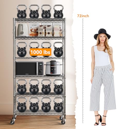 YNN Storage Shelves,6000Lbs 6 Tier Heavy Duty Metal Rolling Shelving Unit with Wheels & 8 Hooks, Adjustable Garage Wire Rack for Kitchen, Bathroom,Industrial,Pantry(36" W x 14" D x 72" H, Chrome) - size: 36"x14"x72" 6-Tier