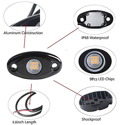 4Pods LED Rock Lights Amber Yellow LED Neon Underglow Light for Car Truck ATV UTV SUV Boat Underbody Glow Trail Rig Lamp - color: Yellow