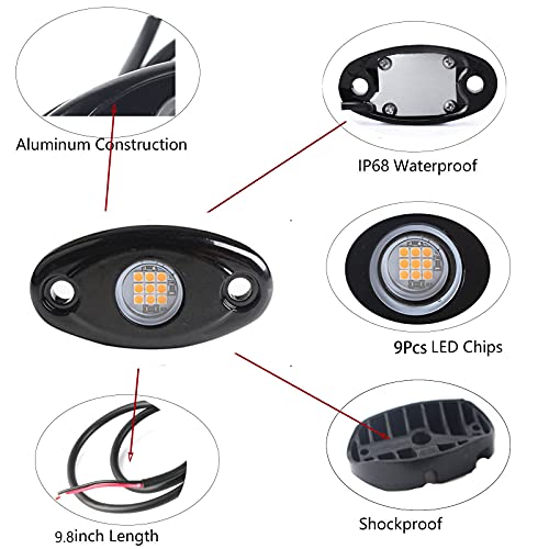 4Pods LED Rock Lights Amber Yellow LED Neon Underglow Light for Car Truck ATV UTV SUV Boat Underbody Glow Trail Rig Lamp - color: Yellow