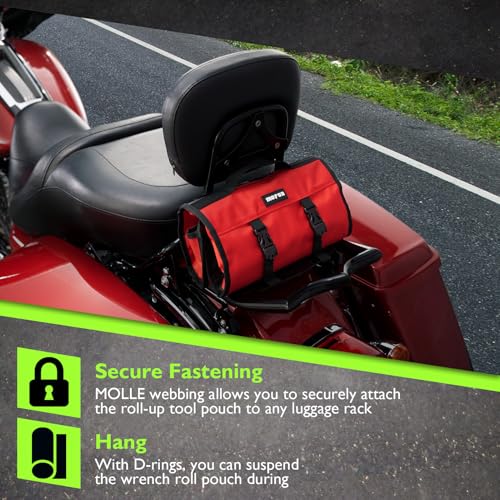 Mofun 64-Piece Motorcycle Tool Kit Universal with Roll Pouch Roadside Travel Wrenches, Ratchet Universal Compatible with Cars Fit Trucks Fit Motorcycles Fit Enduro Dirt Bikes Fit UTVs Fit ATVs, Red - color: Red