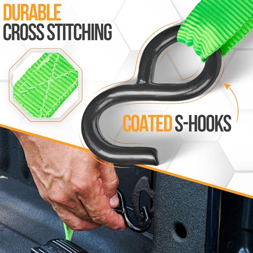 FORTEM Ratchet Straps, Tie Down Strap Set 1650lb Break Strength, 4 Pack 15ft x 1in, 4 Soft Loops, Moving Straps Tie Downs, Cargo Cam Buckles for Trucks, Carry Bag, for Men - color: Green