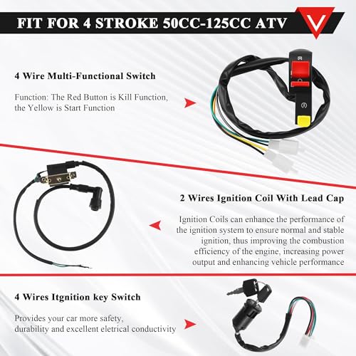 PRO BAT 50cc Dirt Bike Full Wiring Harness Loom Coil CDI Solenoid Relay Kit for 49cc 50cc 70cc 90cc 4-Stroke Dirt Pit Bike Electric Start Engine Apollo Coolster Taotao YX Buyang - style: 3 Electrode A7TJC Spark Plug + Full-wave Rectifier
