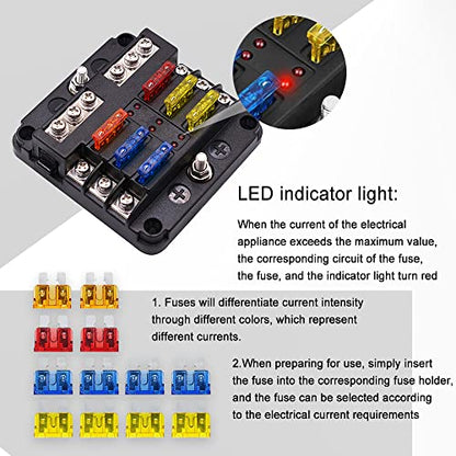 ASUBHA 6-Way Marine Fuse Block,Waterproof 12v Fuse Block with LED Indicator, Automotive Fuse Box Holder 12V/24V Fuse Panel Universal for Automotive Golf Cart Truck Car Boat Marine RV Motorcycle