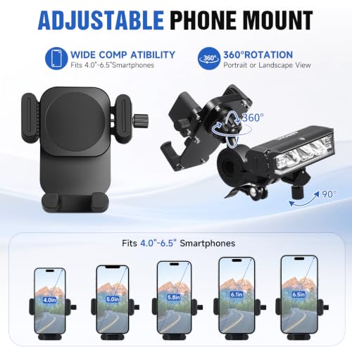 2026 NEW Bike Phone Holder, 2-in-1 Detachable Bike Light & Motorcycle Phone Mount Holder, IPX5 Rechargeable Bicycle Headlight, Adjustable for iPhone 17 16 15 Pro Max, Galaxy and 4-6.5" Phone