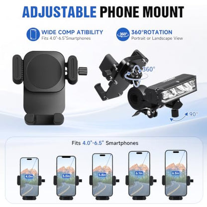 2026 NEW Bike Phone Holder, 2-in-1 Detachable Bike Light & Motorcycle Phone Mount Holder, IPX5 Rechargeable Bicycle Headlight, Adjustable for iPhone 17 16 15 Pro Max, Galaxy and 4-6.5" Phone
