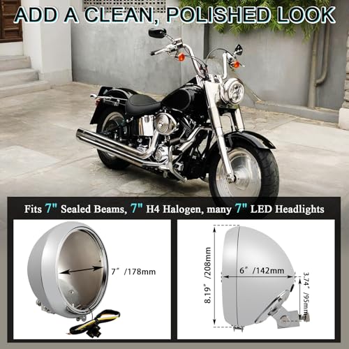 7" Headlight Shell Kit - Chrome Headlamp Light Bulb Bucket Housing w/Trim Ring, H4 Auxiliary Wiring Harness for Harley Davidson Heritage, Fat Boy, Softail 1986-2011,Replace for 67789-91