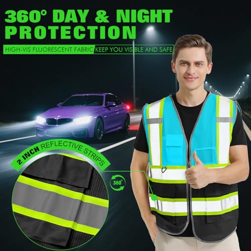 BeautyWill Personalized Team Vest: Class 2 Hi-Vis Safety Vest for Men | Custom Logo & 5 Reflective Pockets - color: 003-blueblack-mesh-1pcs, size: Medium