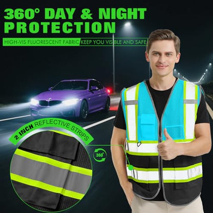 BeautyWill Personalized Team Vest: Class 2 Hi-Vis Safety Vest for Men | Custom Logo & 5 Reflective Pockets - color: 003-blueblack-mesh-1pcs, size: Medium