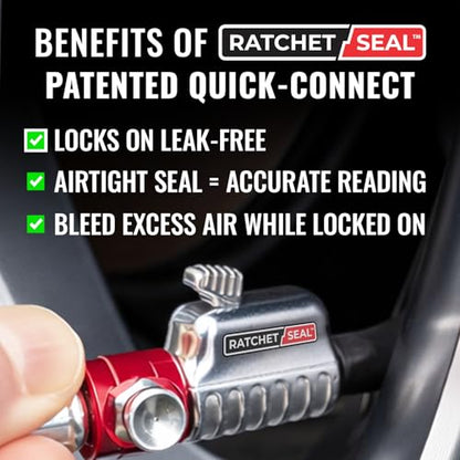 SKÖG Dual-Needle Tire Pressure Gauge 100 PSI | Leak-Free RatchetSeal Patented Quick-Connect | Cars, Trucks, Motorcycles, Bicycles | Battery Free