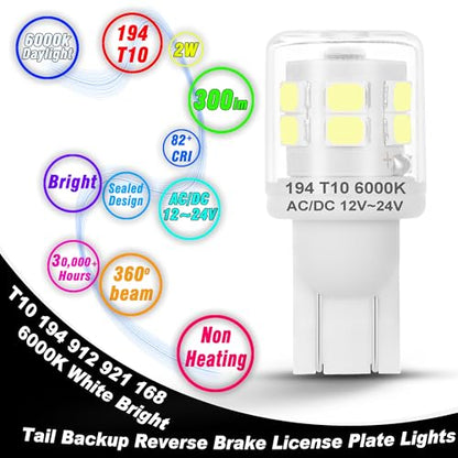 Heifymi 194 912 921 168 175 2825 W5W T5 T10 LED Bulbs 12V 24V Xenon White 6000K Super Bright fit for Car RV Trailer Tail Backup Reverse Brake License Plate Lights Bulbs, 2 Pack - color: 6000K Daylight White, size: T10
