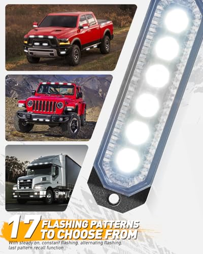 HLauto 406T Emergency Strobe Grille Lights: 4Pcs 6 LED Sync Feature Safety Warning Flashing Light, 12V-24V Ultra Slim Surface Mount Hazard Caution Light for Truck, Vehicle, Car, ATV, UTV (White) - color: White