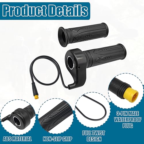 20X Full Twist Throttle Grip, 3 Pin Water Proof Connection | Compatible with Ebike 12V-72V, Electric Bike Throttle, with Waterproof Connector, Electric Bicycle, E-Scooter, Mountain Bike
