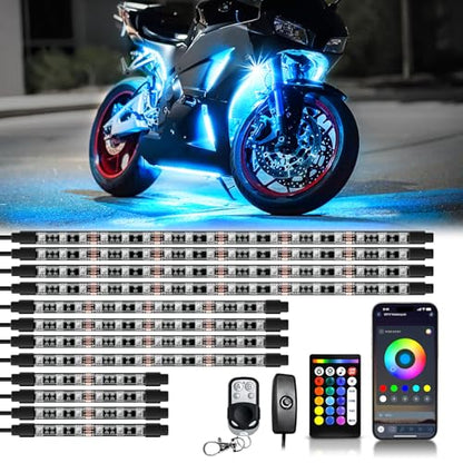 OPT7 12pcs Motorcycle LED Strip Lights with App & Remote Control, RGB Multicolor & Sound Sync Neon Accent Bike Underglow Lighting Kit, 12V Switch for Harley Honda Yamaha Kawasaki