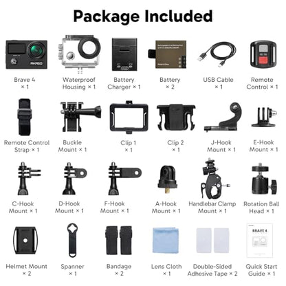 AKASO Brave 4 Action Camera 4K 30fps Ultra Hd Video 20MP Photo, EIS, WiFi, 2X Batteries, Waterproof Underwater Camera, Camcorder Bundle for Snorkel, Travel, Motorcycle, Bicycle, Helmet Accessories Kit