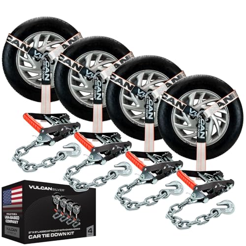 VULCAN Car Tie Down with Chain Anchors - Lasso Style - 2 Inch x 96 Inch - 4 Pack - Silver Series - 3,300 Pound Safe Working Load - size: Chain Anchors - Silver Series (4 Pack)