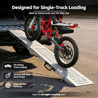 Folding Motorcycle Loading Ramp for Pickup Truck & Trailer, 485 lb Steel Ramp with 2 Dual-Hook Ratchet Straps, Carry Handle and Locking Latch, Dirt Bike Ramp, 72.7" x 8.9", 1 Pack - size: Perforated Surface - 1 Pack - 485 lb