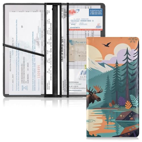 GuoChe Pu Leather Registration and Insurance Card Holder Men Women Document Wallet for any Car, Truck, Motorcycle, Trailer or Boat Wilderness Moose Lake Print - color: 2