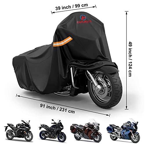 Comnova Motorcycle Cover 91 Inch - 600D Outdoor Moped Cover with Lock Hole Universal Fit, Heavy Duty & Waterproof Motor Cycle Protection for Harley, Honda, Kawasaki, Fit Up to 91" Motorcycles - size: Premium - 91 Inch