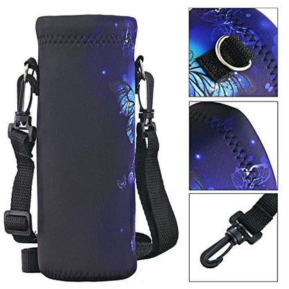 RICHEN Neoprene Water Bottle Carrier Bag with Adjustable Shoulder Strap,Insulated Water Bottle Cover for Stainless Steel/Glass/Plastic Bottles - color: Blue Butterflies, size: 750ml