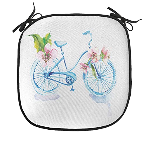Lunarable Bicycle Chair Cushion Pad, Grungy Inspired Watercolors Textured Bike Orchids Romantic Vehicle, Seat Padding for Kitchen & Patio with Anti-Slip Backing, 16"x16", Pink Blue - color: Pink Blue, size: Pack of 1