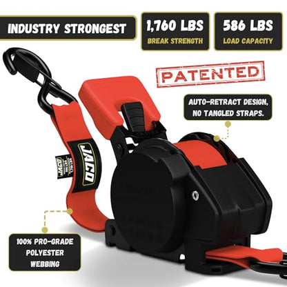 JACO Retractable Ratchet Straps - 1 in x 15 ft (2-Pack) (1,760lbs Break Strength) | Auto Self Retracting Cargo Tie Down Strap Set (Red) - color: Red, size: 2-Pack