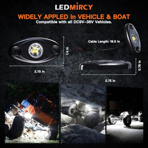 LEDMIRCY R1 Pure White LED Rock Lights 4PCS for Off Road Truck Auto Car Boat ATV SUV Waterproof High Power Neon Trail Lights Underglow Light Interior Exterior Shockproof(4PCS White)