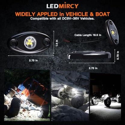 LEDMIRCY R1 Pure White LED Rock Lights 4PCS for Off Road Truck Auto Car Boat ATV SUV Waterproof High Power Neon Trail Lights Underglow Light Interior Exterior Shockproof(4PCS White)