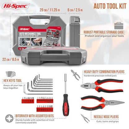 Hi-Spec Tools 67pc SAE Auto Mechanics Hand Tool Kit Set. Complete Car, Motorcycle, Engine & Garage Repairs with Sockets, Ratchet Wrench, Pliers & More - size: SAE_67 PCS