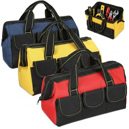 Sanwuta 3 Pack Tool Bag for Men with Waterproof Hard Bottom, Heavy Duty Tool Bag Wide Mouth Tote for Various Instrument, Electrician Carpenter Mechanic(Blue, Red, Yellow,18 Inch,Classic) - color: Blue, Red, Yellow, size: 18 Inch, style: Classic