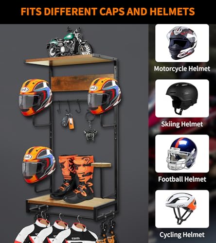 NANXITU Motorcycle Helmet Rack Wall Mount, Retro Rust Helmet Holder with Wood Floating Shelf and Hooks for Storage