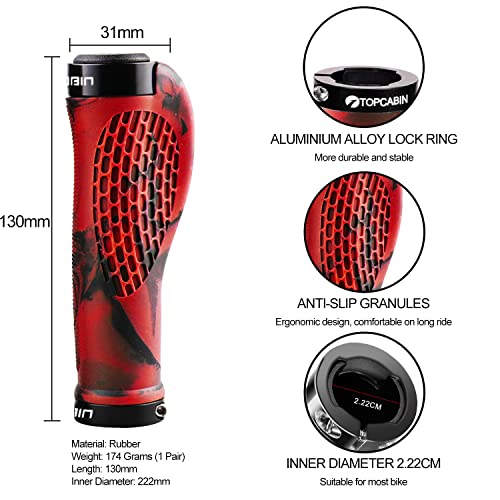 TOPCABIN Ergonomic Bike Grips - Widen Holding Rubber Grips with Aluminum LockGrips for Mountain & Road Bikes - color: Rubber Red (1 Pair)