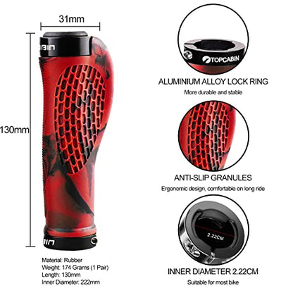 TOPCABIN Ergonomic Bike Grips - Widen Holding Rubber Grips with Aluminum LockGrips for Mountain & Road Bikes - color: Rubber Red (1 Pair)
