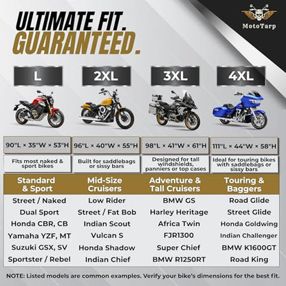 600D Heavy Duty Motorcycle Cover Waterproof Outdoor for Sport & Naked Motorcycles, All-Season Weatherproof Protection with Air Vents, Wheel Lock Slots, Exhaust Heat Shield & Reflective Strips - size: Large (90X35X52)