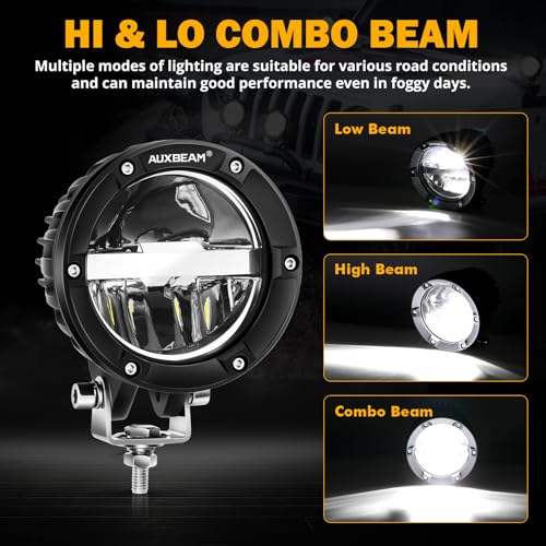 Auxbeam 4 Inch 100W Round Offroad Lights, LED Driving Light Pods with Hi/Lo/Combo Beam Design, 10000LM Super Bright Work Fog Light with Wiring Harness for Truck Pickup SUV ATV UTV 4x4 - color: C4 Series-Hi/Lo/Combo Beam