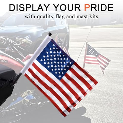 FOVPLUE 15" x 11" American Flag Kit,Clamp On Motorcycle Flag Pole Mount for Harley Touring Hard Saddlebags,Trunk,Luggage Carrier,car/truck roll-down window,Fits Electra Glide/Road King/Street Glide