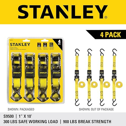 STANLEY S9500 Black/Yellow 1" x 10' Ratchet Straps - Light Cargo (300 lb Working Load / 900 lb Break Strength), 4 Pack - size: 1" x 10'
