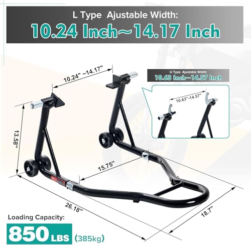 Motorcycle Stands Front and Rear Combo, 850 lbs Motorcycle Paddock Stand Set with U & L Swingarm Adapters, Universal Motorcycle Lift Stand for Honda Yamaha Kawasaki Suzuki Ducati BMW