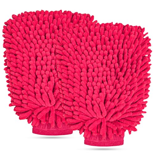 2 PCS Car Wash Mitt, Scratch-Free & Lint-Free Chenille Microfiber Wash Mitts, Highly Absorbent Double-Sided Glove for Auto Washing and Detailing, Universal Car Accessories (Pink) - color: Pink, size: 2 PCS
