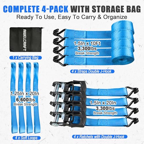 AWELCRAFT Ratchet Straps(4 Pack),3300lb Breaking Strength,1.5in×10ft Heavy Duty Tie Down Ratcheting with Padded Handles,Double J Hooks & 4 Soft Loops for Trailer,Trucks,Motorcycle(Blue) - color: Blue