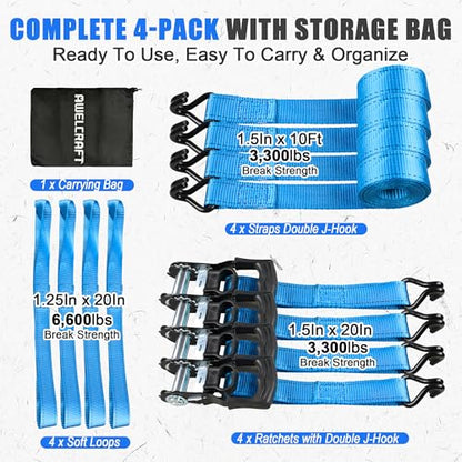 AWELCRAFT Ratchet Straps(4 Pack),3300lb Breaking Strength,1.5in×10ft Heavy Duty Tie Down Ratcheting with Padded Handles,Double J Hooks & 4 Soft Loops for Trailer,Trucks,Motorcycle(Blue) - color: Blue
