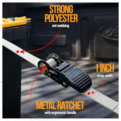 FORTEM Ratchet Straps, Tie Down Strap Set 1650lb Break Strength, 4 Pack 15ft x 1in, 4 Soft Loops, Moving Straps Tie Downs, Cargo Cam Buckles for Trucks, Carry Bag, for Men - color: Grey