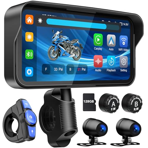 LBW 6.25" Carplay Screen for Motorcycle (Includes128G SD Card) with Dual 2K Dash Cam, TPMS, Wireless Android Auto, GPS Navigation, IP67 Waterproof, HD Touch Screen, Bluetooth, Remote Control, Siri