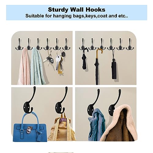 Kruodop 6Pcs Coat Hooks Wall Hooks for Hanging Heavy Duty, Wall Mounted Black Towel Hooks, Metal Single Coat Hanger with Screws Cup Retro for Coats, Handbags, Towels - color: black 6pcs