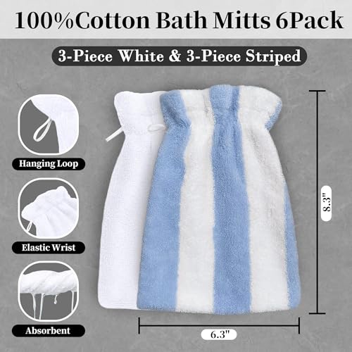 VOOVA & MOVAS 6-Pack Bath Mitts for Shower, 8.3x6.3 Inch 100% Cotton Soft Absorbent Wash Cloths with Hanging Loop, European Style Bath Mitt for Body & Spa, Blue Stripe & White - color: Blue Stripe&white