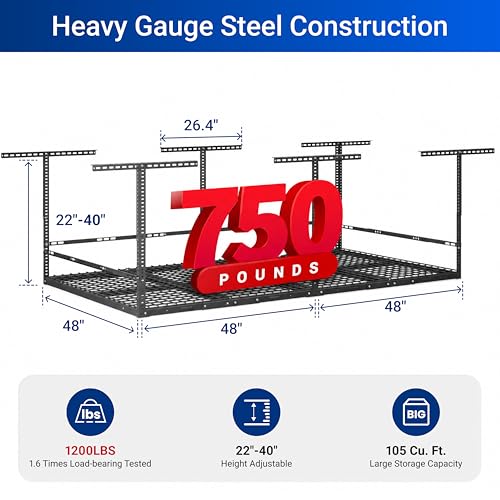 FLEXIMOUNTS 4x8 Overhead Garage Storage Rack with Safety Rails, Hammertone | 750 lbs Capacity, Adjustable 22-40" Height, 3-Sided Guard Rails, Heavy Duty Metal, Ceiling Storage System - color: Hammertone