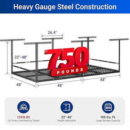 FLEXIMOUNTS 4x8 Overhead Garage Storage Rack with Safety Rails, Hammertone | 750 lbs Capacity, Adjustable 22-40" Height, 3-Sided Guard Rails, Heavy Duty Metal, Ceiling Storage System - color: Hammertone