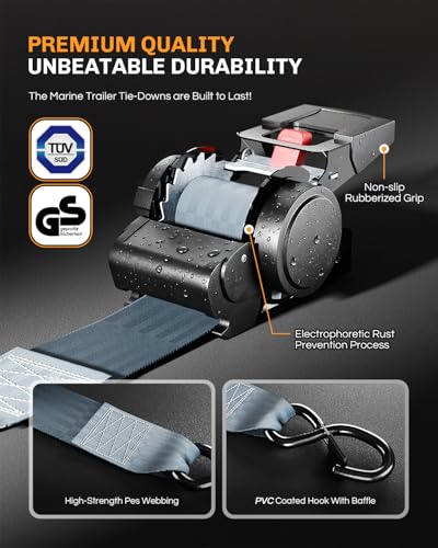 WELLUCK Retractable Ratchet Tie Down Straps for Boat Trailer, Jetski – Heavy Duty 3300lbs Break Strength with Transom Bolt-On, 2 x 72 Inch, 2-Pack