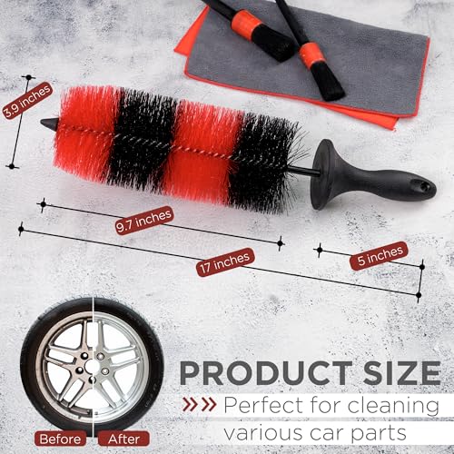 (Upgraded) TAKAVU Premium Wheel & Tire Brush, Long Bristle Detailing Brush for Effortless Rim & Tire Cleaning, Non-Slip Handle, Built-in Knuckle Guard, Deep Reach for Brake Dust & Dirt Removal (Red) - color: Red & Black - Big Brush